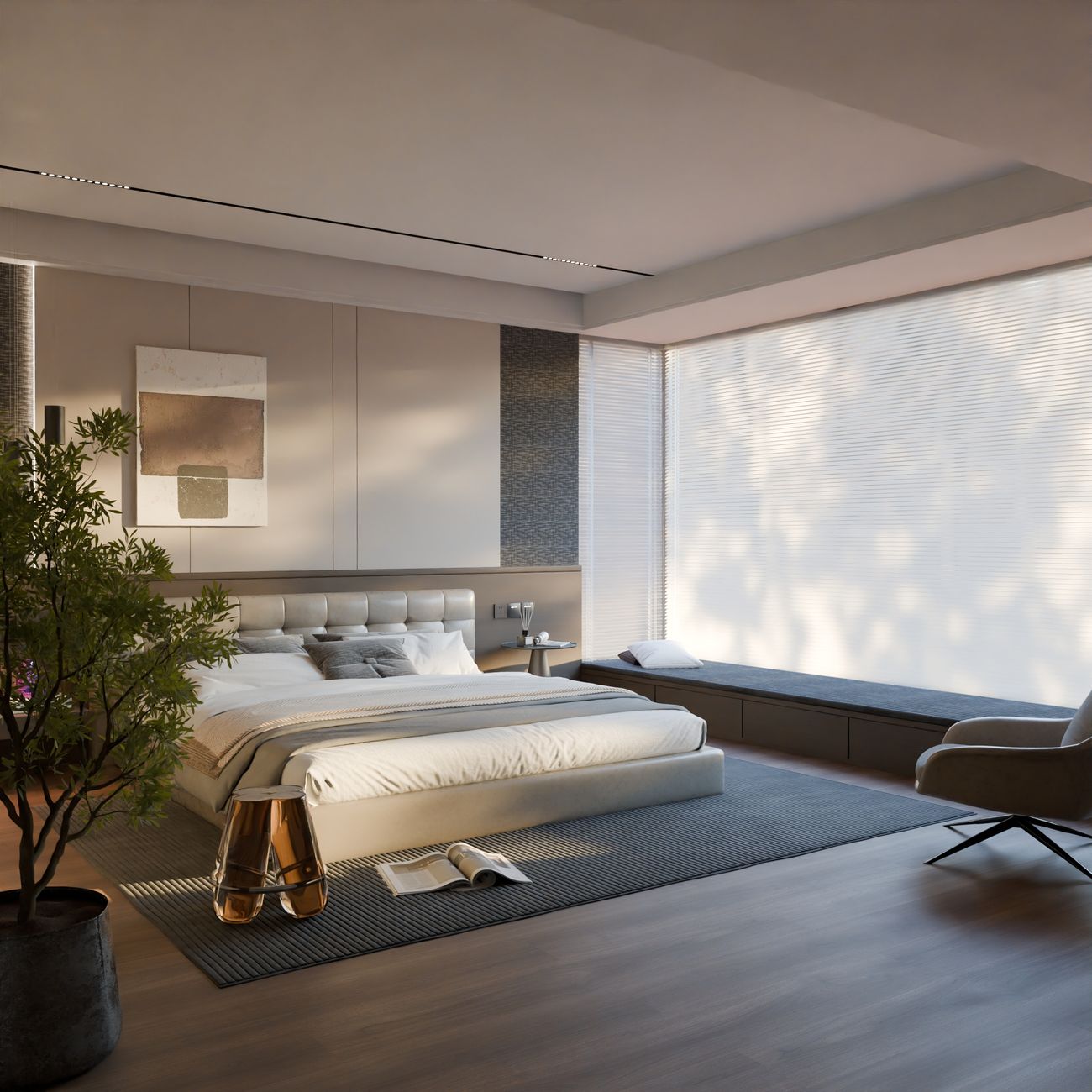 Staged bedroom with a view of the trees