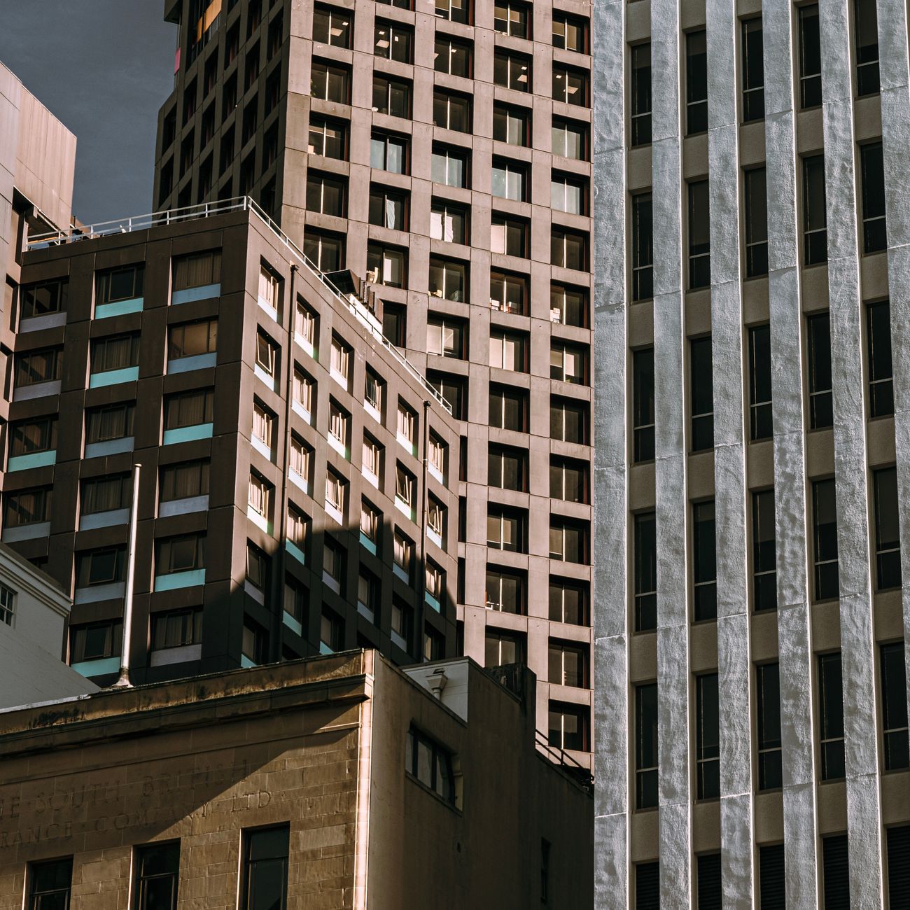 Sunlit city buildings